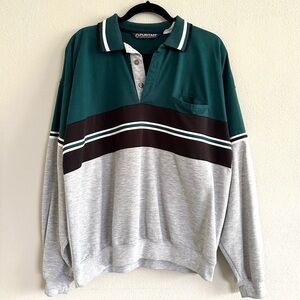 90s Y2K Puritan Special Edition Green and Gray striped Rugby Polo sweater